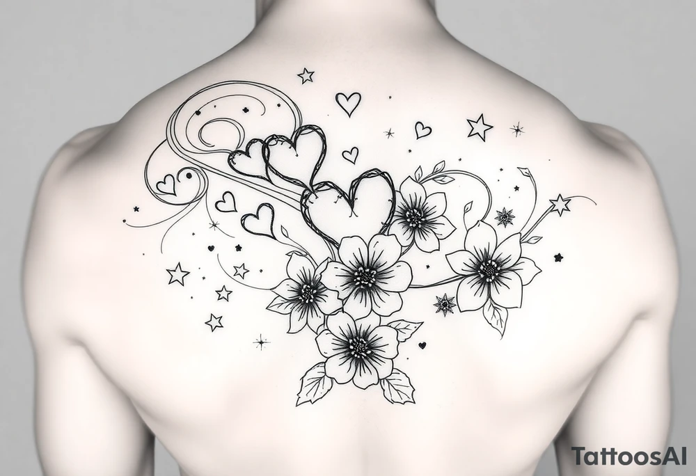 I want swirling lines like wind with hearts and stars an flowers with makeup floating tattoo idea