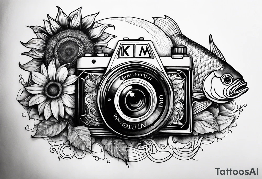 sunflower, camera, fish, moon tattoo idea