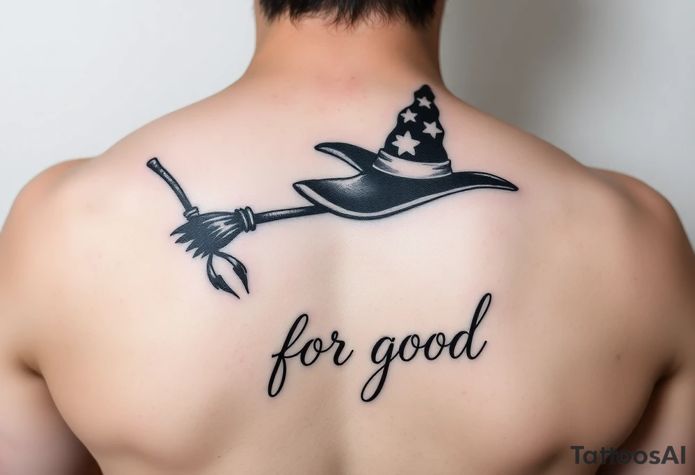 Wicked Broadway theme with a broom, witch hat, and wand. Then the lettering “for good” tattoo idea
