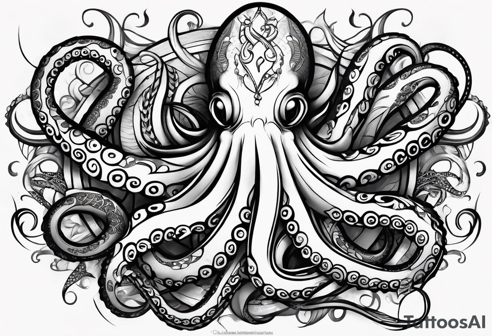 Tribal half sleeve octopus with ribbons around it filled with fish and water waves tattoo idea