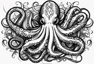Tribal half sleeve octopus with ribbons around it filled with fish and water waves tattoo idea