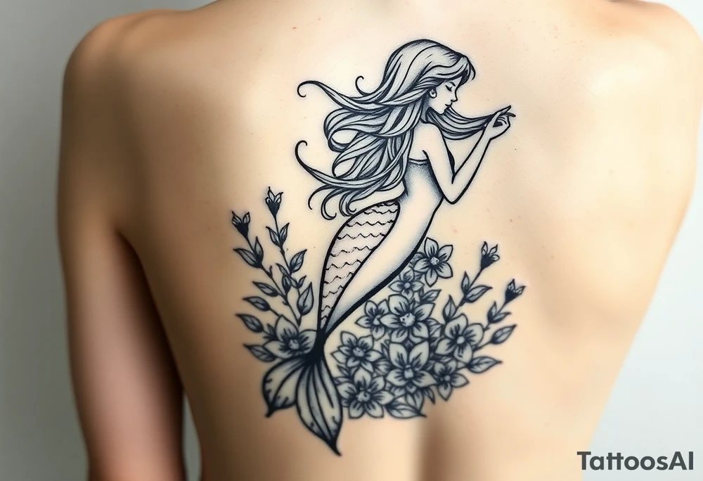 ethereal mermaid with flowing hair among coral and sea flowers tattoo idea