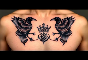 Chest tattoo, two ravens and icelandic symbols, dark brest tattoo, crown betwen ravens tattoo idea