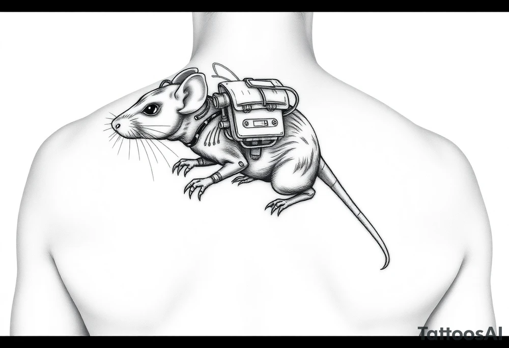 Cybernetic Rat with a Data Cable Tail
A scrappy, survivalist rat with cybernetic limbs and a long tail made of fiber-optic cables.
Could have a small, makeshift backpack with scavenged tech.
Neon elements for the eyes and glowing lines along its body. tattoo idea