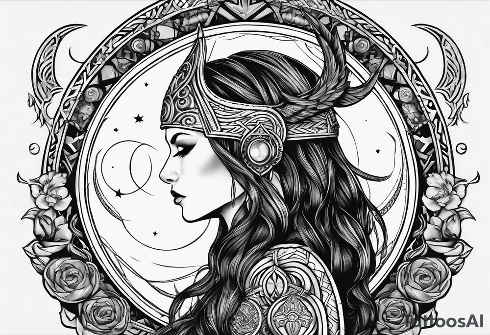 Viking, feminine warrior, bedroom eyes, headshot, princess, round emblem, moon goddess, Gaia tattoo idea