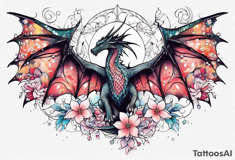 Constellation, wing , snow , cross , dragon female japan kawaii , flower tattoo idea