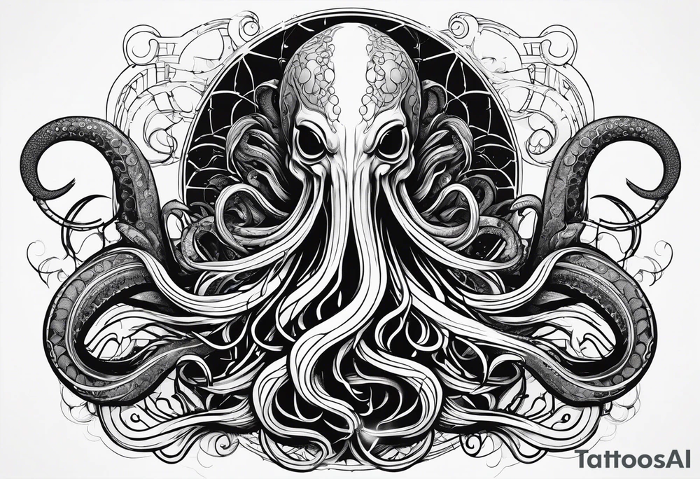 Lovecraftian creature, flowing into more futuristic technology elements. Long tentacles. tattoo idea Lovecraftian creature, flowing into more futuristic technology elements. Long tentacles. tattoo idea