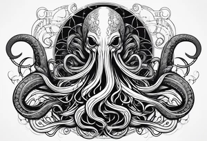 Lovecraftian creature, flowing into more futuristic technology elements. Long tentacles. tattoo idea