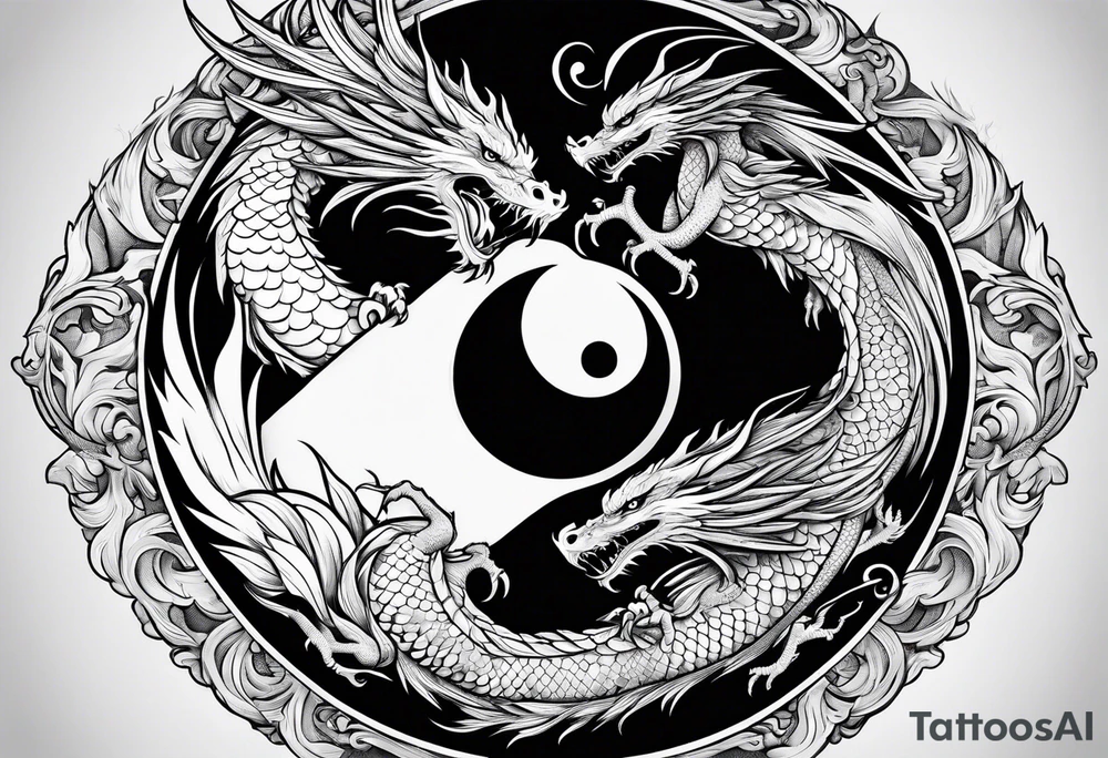 Dragon and phoenix fighting on a yin yang plate tattoo idea