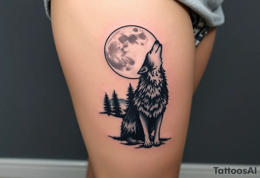 lone wolf howling at full moon with northern lights backdrop tattoo idea