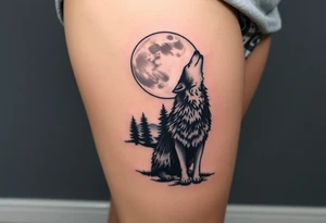 lone wolf howling at full moon with northern lights backdrop tattoo idea