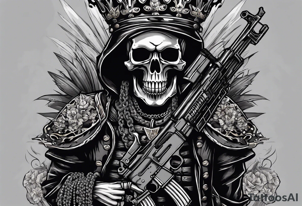 image of a skeleton standing frontally with a crown on his head, holding an AK-47 on his shoulder with his right hand. The chain on the left should be taut, there are three angry barking Dobermans in it, near the waist tattoo idea