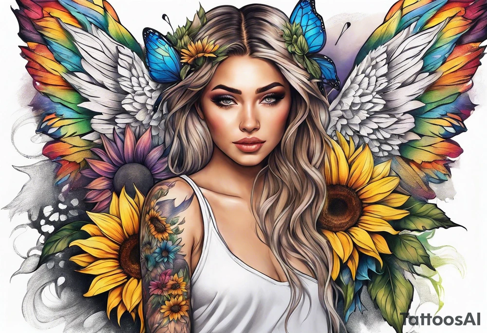 arm sleeve with angel wings and rainbow sunflowers and butterflies tattoo idea
