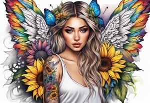 arm sleeve with angel wings and rainbow sunflowers and butterflies tattoo idea