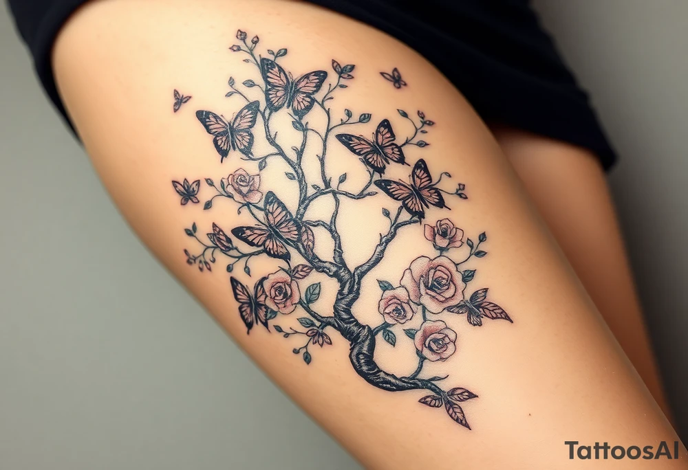 a poisoned tree with butterflies and roses around it and a semicolon somewhere in there make it a leg sleeve tattoo idea