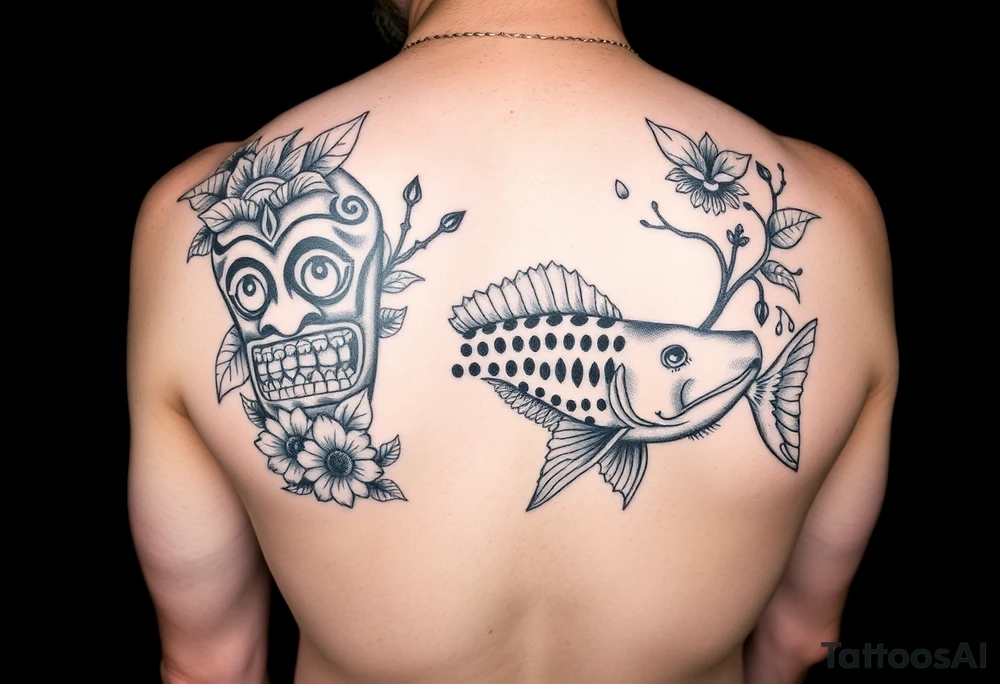 Tiki, Blumen, Wellen, Tintenfisch, Schildkröte, #299 (Klein), schwarz, old school tattoo idea