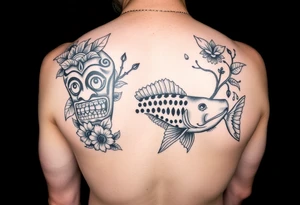 Tiki, Blumen, Wellen, Tintenfisch, Schildkröte, #299 (Klein), schwarz, old school tattoo idea