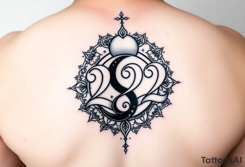 Number 222 surrounded with ying yang and sunset and love and stardust and vibration tattoo idea