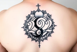 Number 222 surrounded with ying yang and sunset and love and stardust and vibration tattoo idea