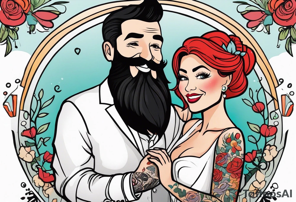 Busty red haired woman with a bearded man who has black hair getting married tattoo idea