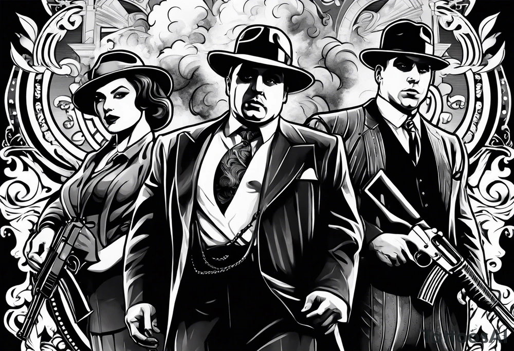 group of gangsters including Al Capone and bonnie and Clyde with machine guns surrounded by smoke and fire tattoo idea