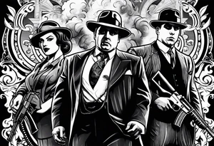 group of gangsters including Al Capone and bonnie and Clyde with machine guns surrounded by smoke and fire tattoo idea