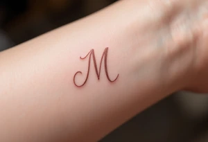 A delicate "M" in soft rose gold cursive, resembling handwritten calligraphy. tattoo idea