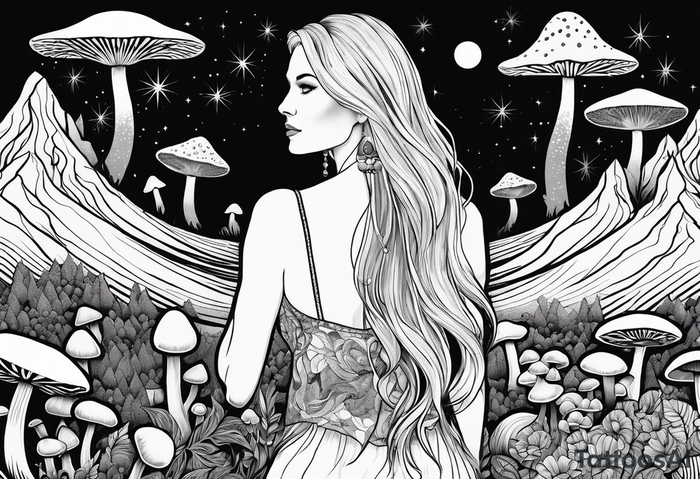 Blonde long straight hair older woman no makeup surrounded by mushrooms facing away mountains crescent moon background tattoo idea
