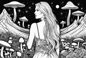 Blonde long straight hair older woman no makeup surrounded by mushrooms facing away mountains crescent moon background tattoo idea