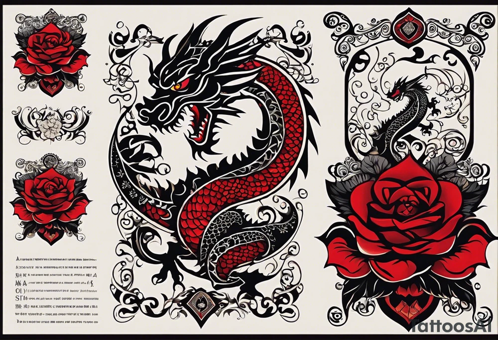 Quiero un tatuaje en toda la espalda con dos dragones verticales uno en frente del otro (uno con faceta fiera y el otro con faceta amable), con un sol o luna rojo en medio, y otros detalles de letras en chino y flores tipo cerezo (en rojo y negro) tattoo idea