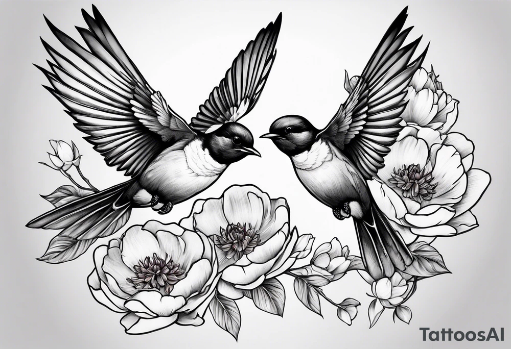 Two swallows in flight with peonies tattoo idea