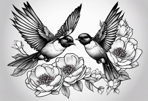 Two swallows in flight with peonies tattoo idea