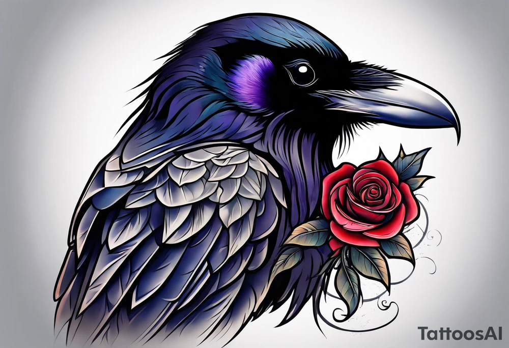 Raven looking back over shoulder with a rose underneath it tattoo idea