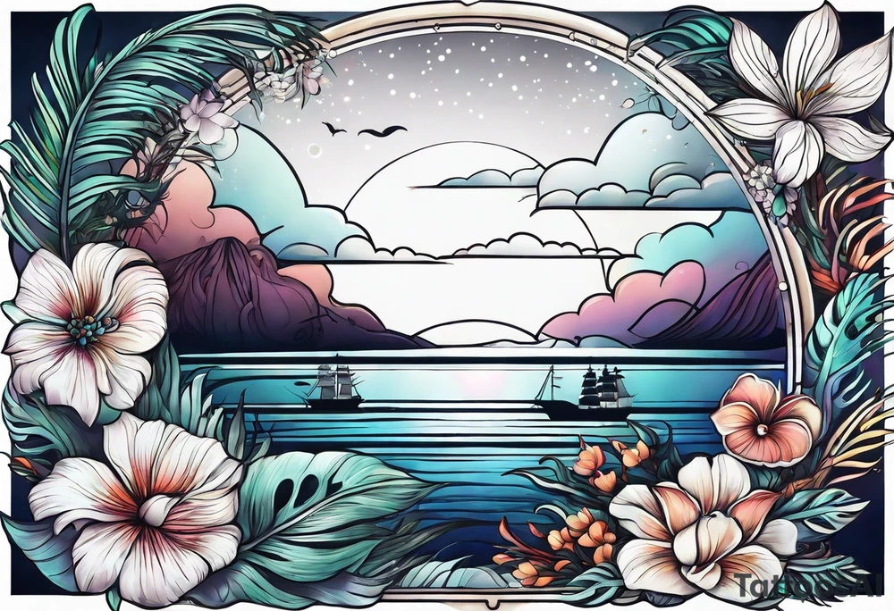 sea,, night, flower, palm, tattoo idea