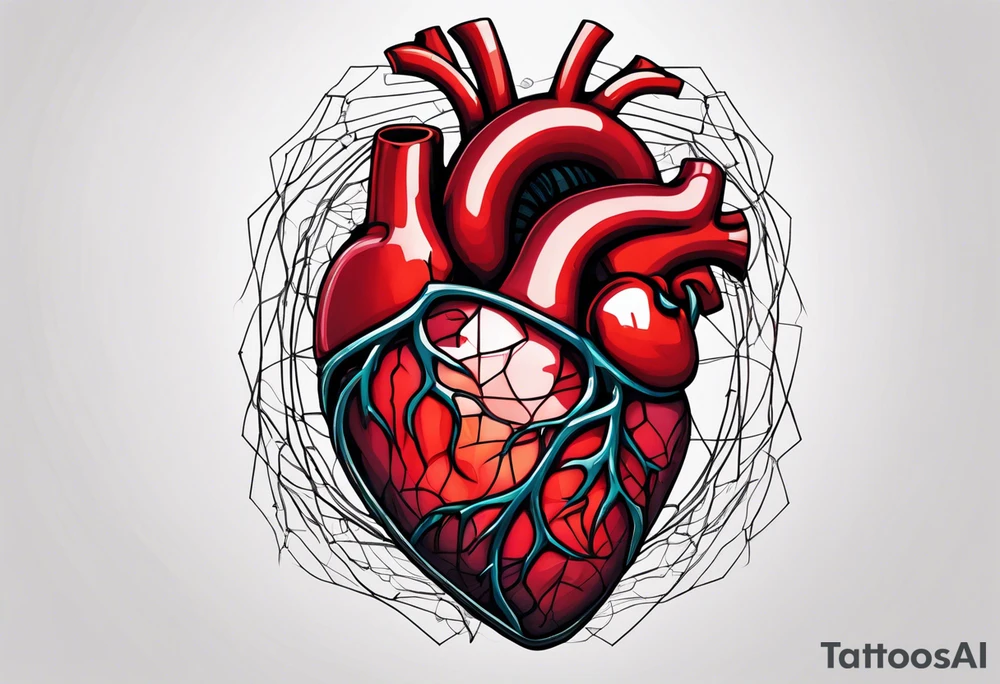 Anatomic heart with wire and blood tattoo idea