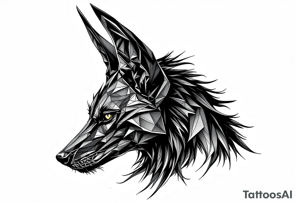 a creature that looks strongly like a combination of Anubis, and a black hound, with the tall pointy ears of a jackal, looking back, serious and daring tattoo idea