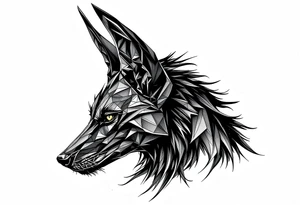 a creature that looks strongly like a combination of Anubis, and a black hound, with the tall pointy ears of a jackal, looking back, serious and daring tattoo idea