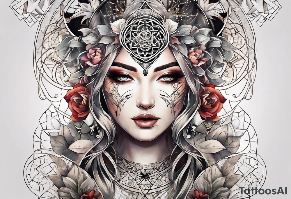 front knee tattoo with sacred geometry, swirls & washes, background tattoo idea