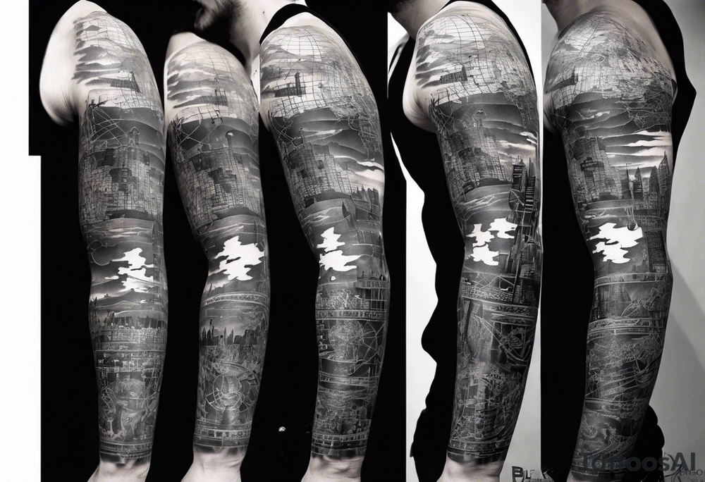 full arm tattoo for man with images of maps and travel and dna strands and music tattoo idea
