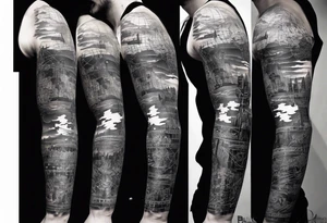 full arm tattoo for man with images of maps and travel and dna strands and music tattoo idea