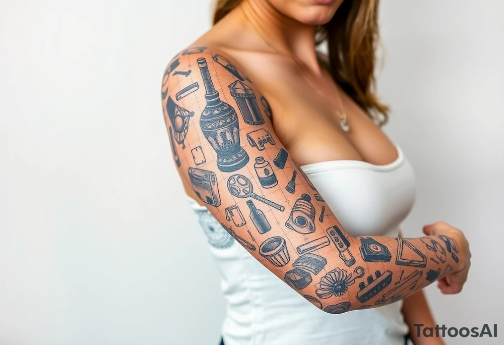 patchwork tattoo with lots of different images of objects tattoo idea