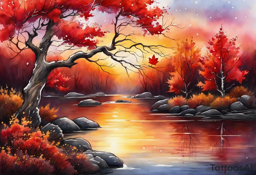 full left arm. Long tattoo A maple tree with red autumn leaves that branches upwards. White-throated dipper bird on the trees branches. Calluna flowers at the base of the trees stem. Tree stem has dark colors. Red/yellow sunset behind the trees stem. Leaves falling. tattoo idea