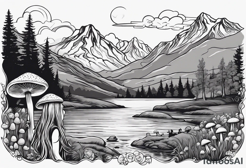 Straight long blonde hair hippie girl in distance holding mushrooms in hand facing away toward mountains and creek surrounded by mushrooms tee shirt and hiking pants tattoo idea