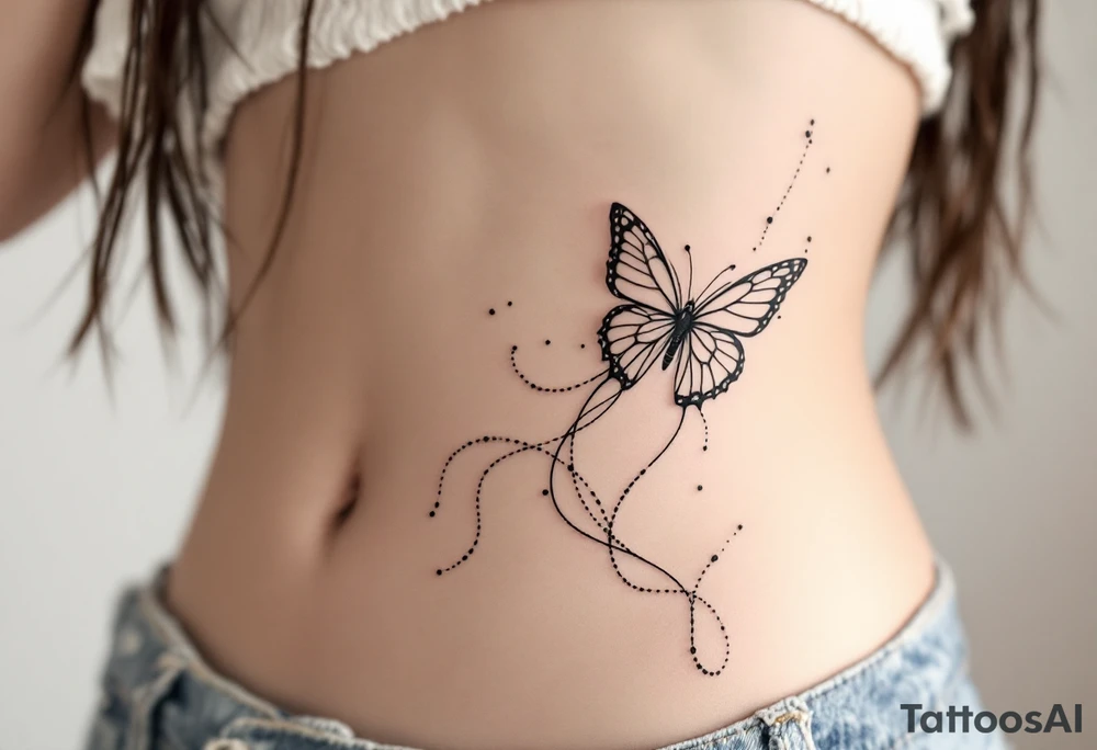 A delicate, large-scale fine line tattoo on the side torso of a woman with fair skin, extending from the ribs to the hip. The design features flowing, abstract organic lines resembling underwater seaweed or jellyfish tentacles, with soft curvature and elegant movement. The black ink lines are thin and airy, creating a sense of fluidity and lightness. The tattoo combines abstract botanical and marine influences, with a sensual, feminine, modern aesthetic butterfly. Photorealistic style, high detail, natural lighting, soft shadows. tattoo idea