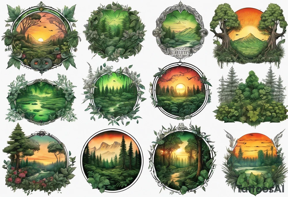 sunset in a lush green forrest, detailed, ornament, stunning, high quality, intricate, ultra realistic tattoo idea