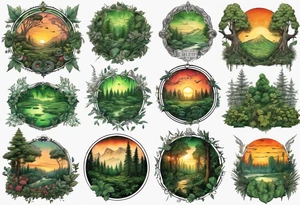 sunset in a lush green forrest, detailed, ornament, stunning, high quality, intricate, ultra realistic tattoo idea