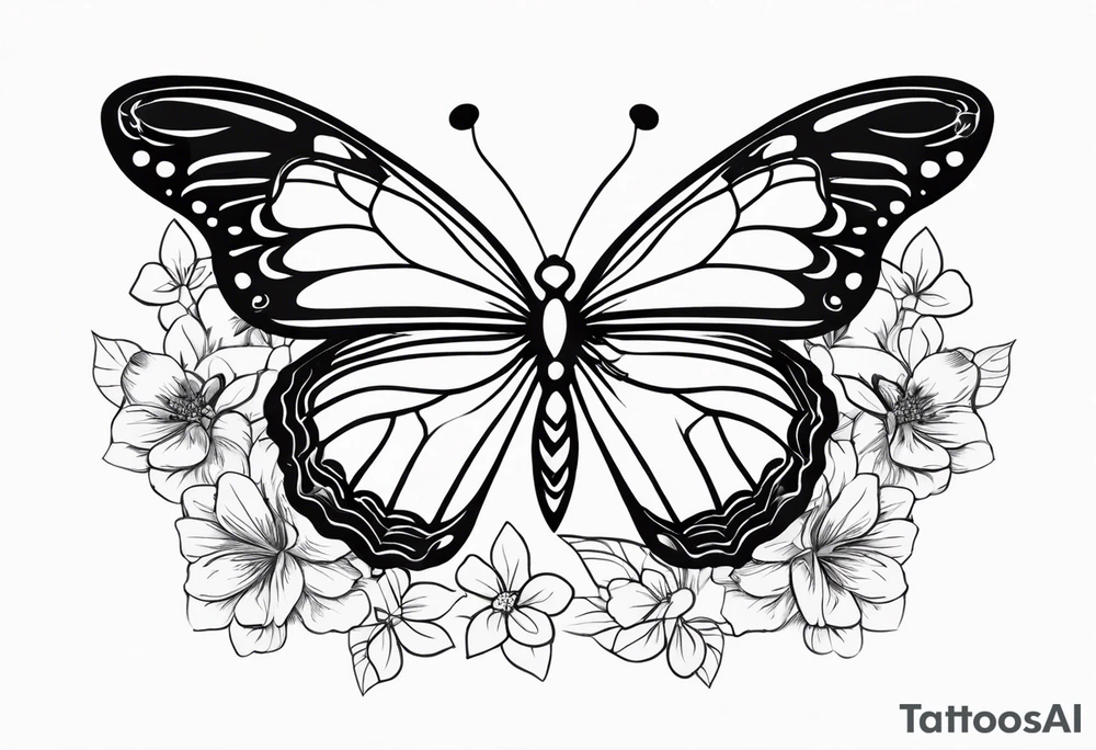 a simple, black minimalist chest tattoo with a butterfly in the centre and flowers elegantly behind it floating elegantly in horizontal position towards the shoulders tattoo idea
