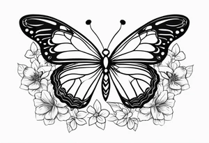 a simple, black minimalist chest tattoo with a butterfly in the centre and flowers elegantly behind it floating elegantly in horizontal position towards the shoulders tattoo idea