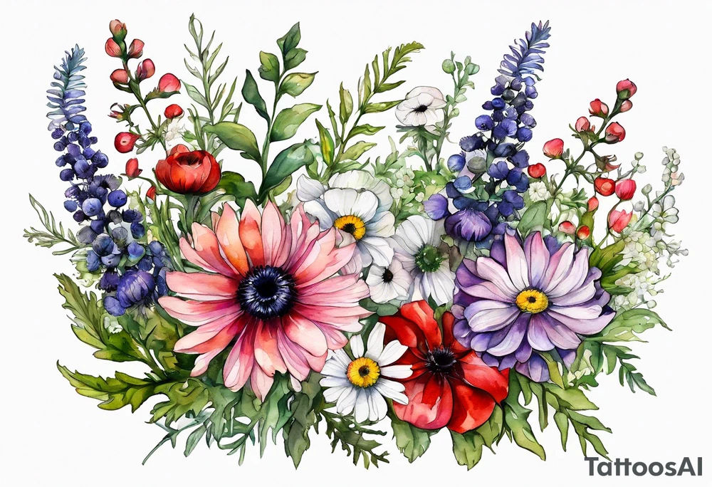 wildflowers with thistles, ferns, ranuculus, white anemones with black center, sun flowers, red flowers, pink flowers, purple flowers, buttercups, babys breath, daisies, and greenery all in watercolor tattoo idea