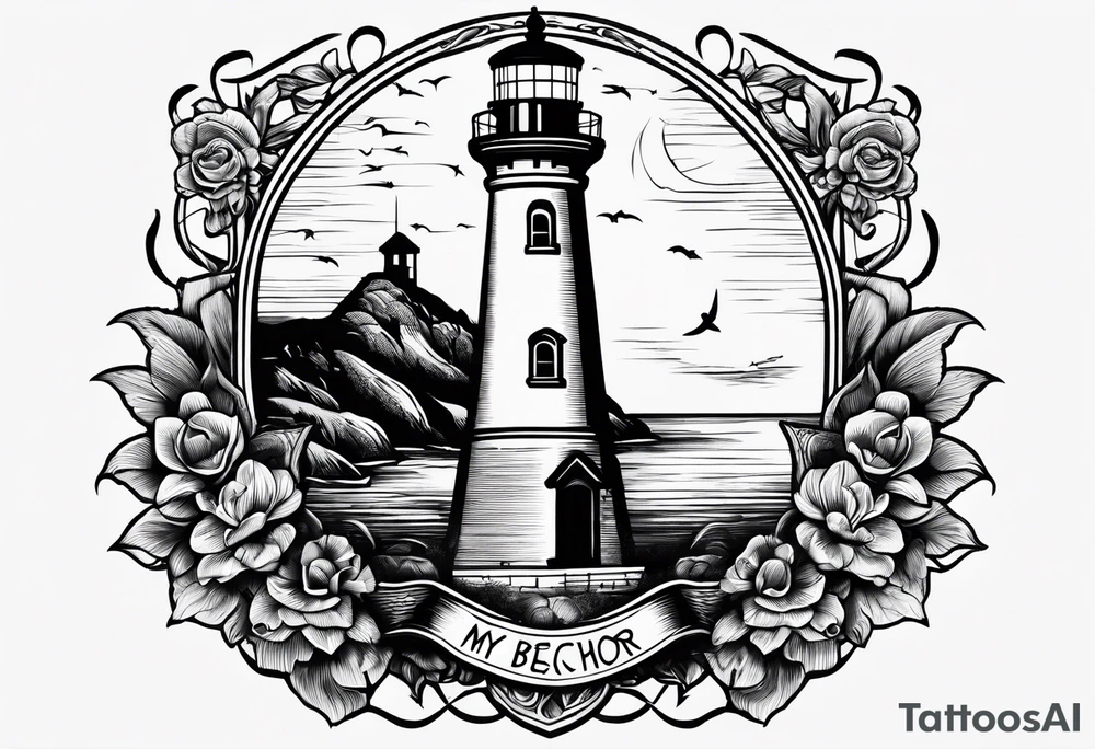 Lighthouse and anchor that says "my beacon, my anchor" tattoo idea